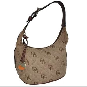 Vintage Dooney & Bourke Small Hobo Shoulder Bag Brown Tan Canvas Quilted DB Logo